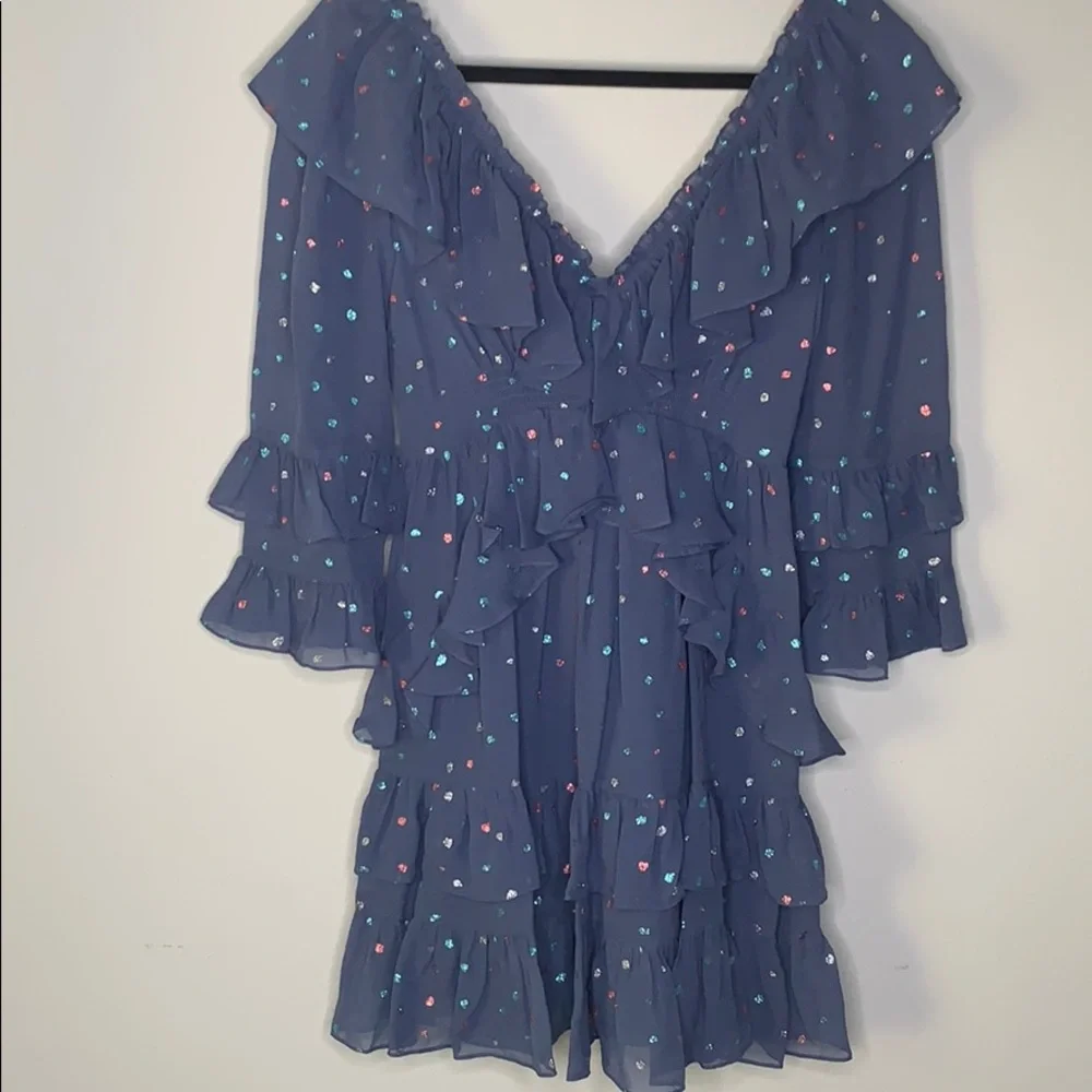New REBECCA TAYLOR Glitter Gem Chiffon silk long sleeve Dress blue - Picture 5 of 10